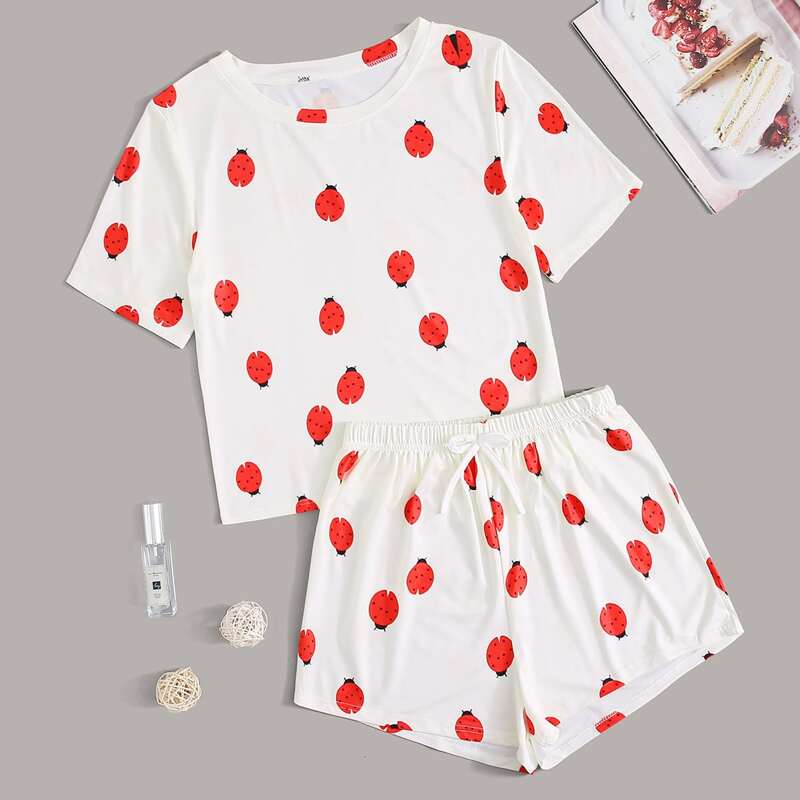 

Ladybug Print Tee & Shorts PJ Set, White