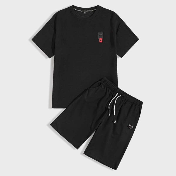 

Men Patched Tee & Drawstring Waist Track Shorts Set, Black