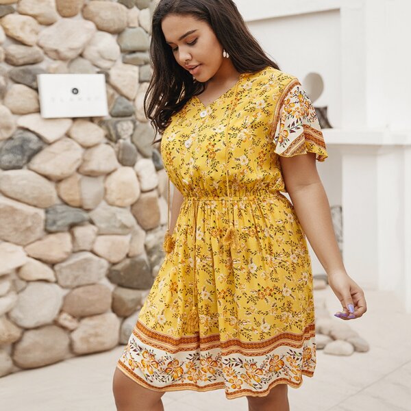 

Plus Floral Print Fringe Waistline Dress, Yellow