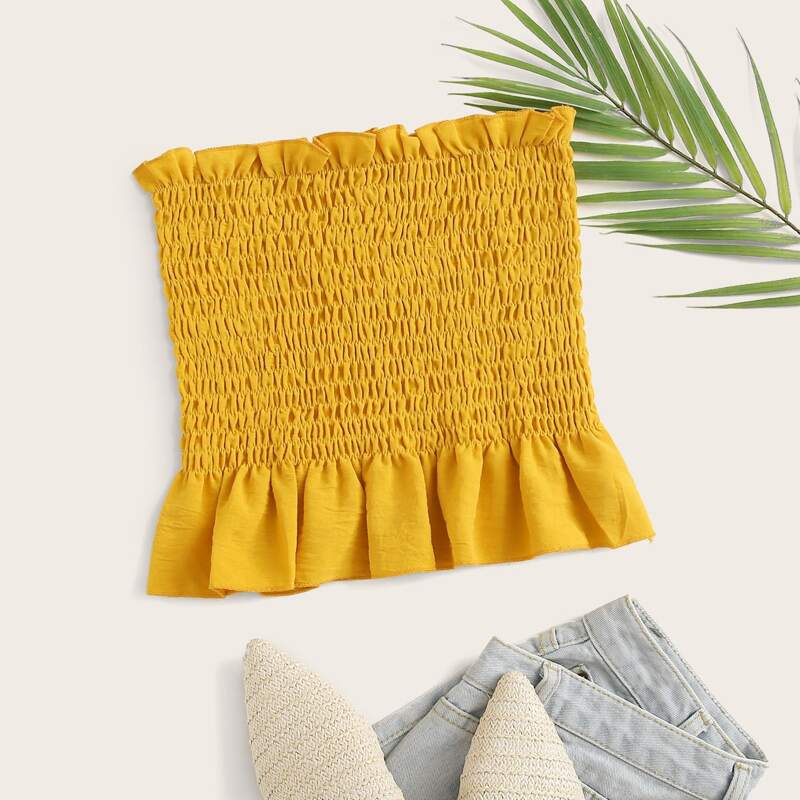 

Shirred Ruffle Chiffon Tube Top, Yellow