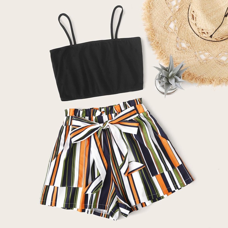 

Solid Crop Cami Top With Striped Belted Shorts, Multicolor