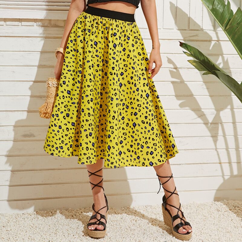 

Elastic Waist Leopard Print Skirt, Yellow