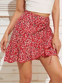 Falda bajo fruncido con cordón floral de margarita - Rojo - Ver 3