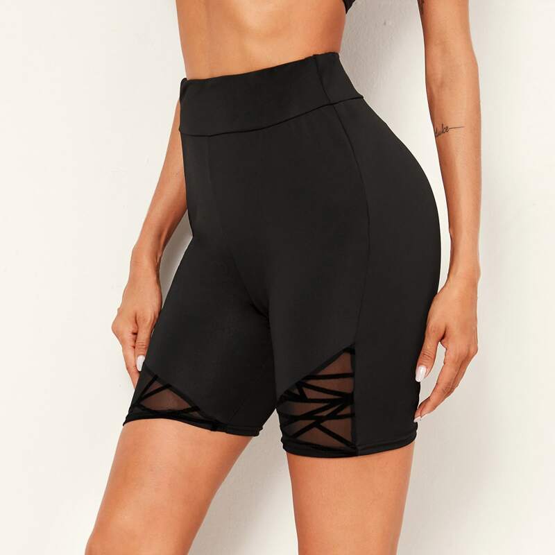

Contrast Mesh Wideband Waist Biker Shorts, Black