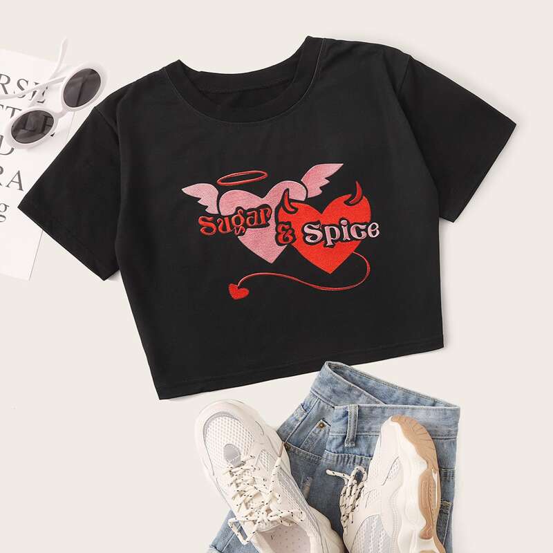 

Heart & Letter Graphic Crop Tee, Black