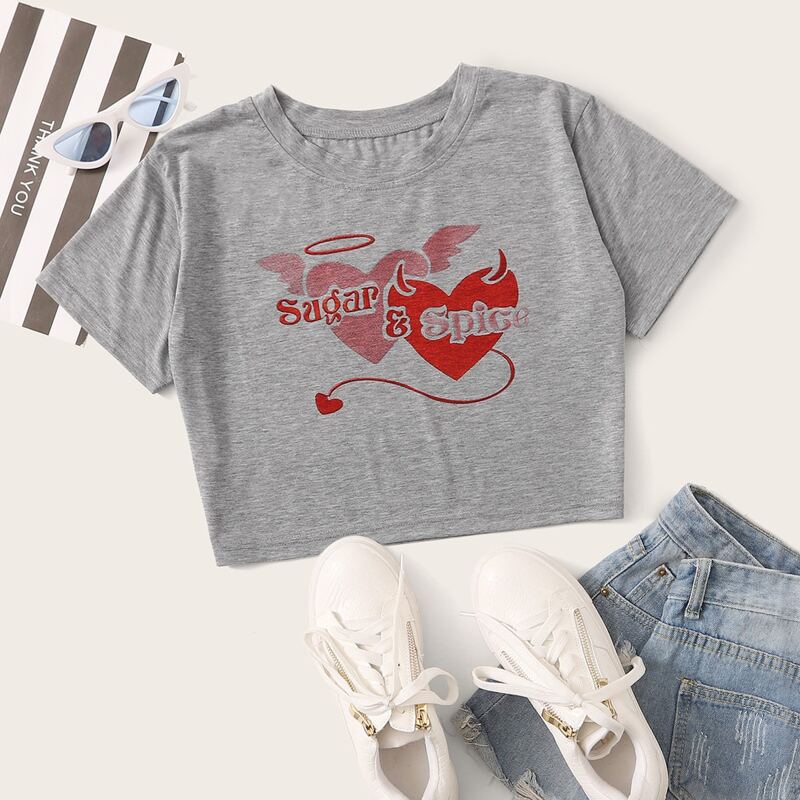 

Heart & Letter Graphic Crop Tee, Grey