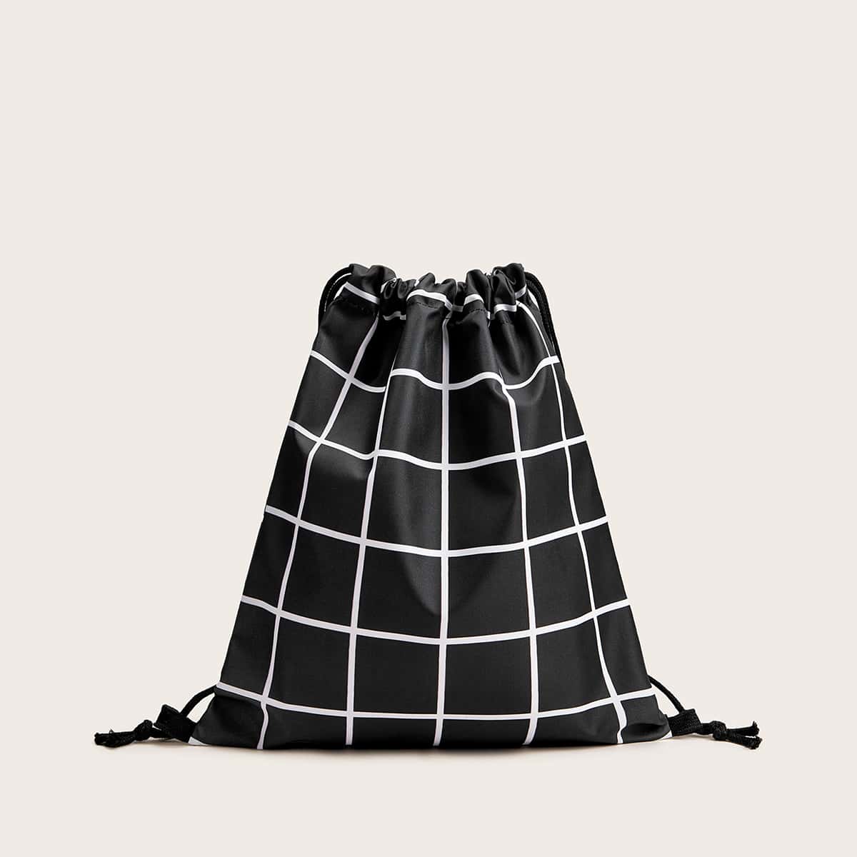 

Plaid Pattern Drawstring Backpack, Black