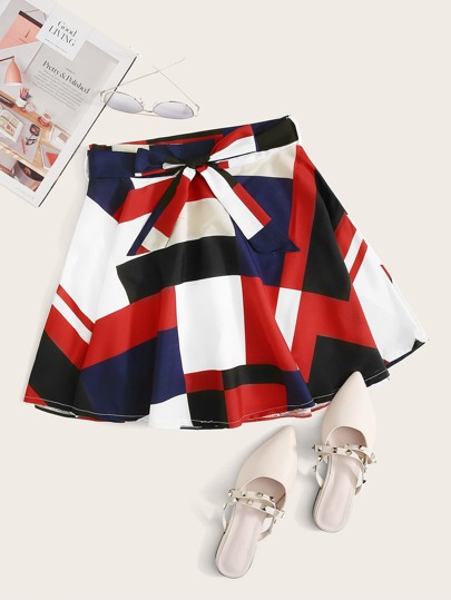 Geo Print Self Tie A-line Skirt