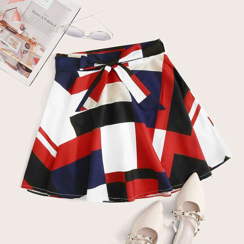 

Geo Print Self Tie A-line Skirt, Multicolor