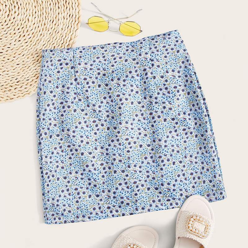 

Ditsy Floral Zipper Back Mini Skirt, Blue