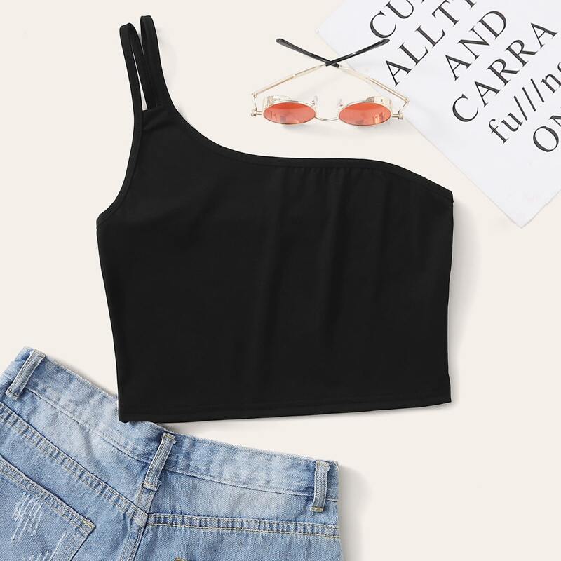 

One Shoulder Black Crop Top