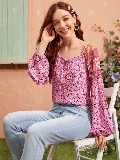 Floral Print Tie Neck Blouse