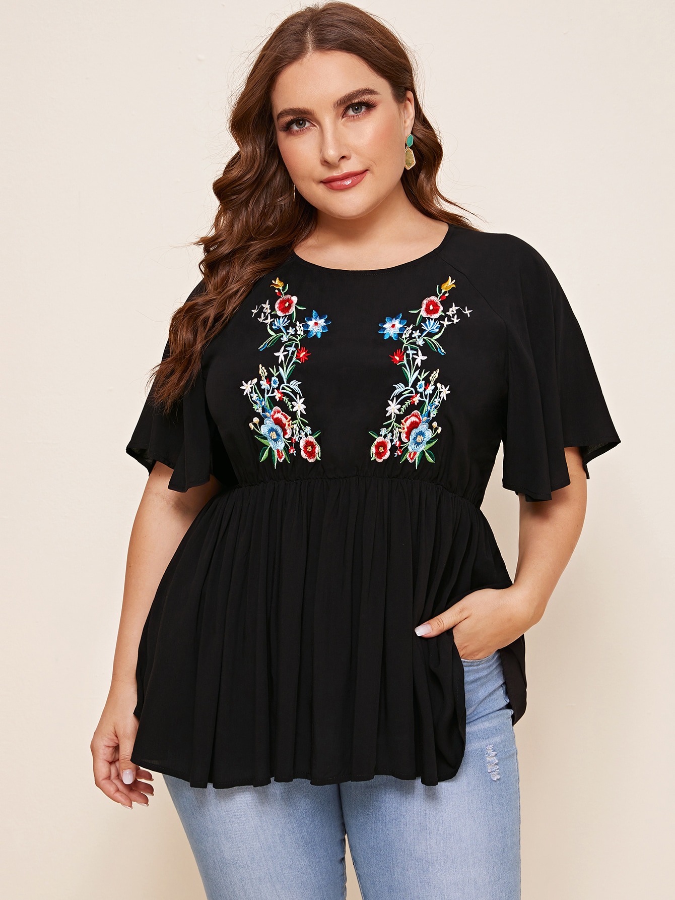 Plus Raglan Sleeve Floral Embroidery Peplum Top thumbnail