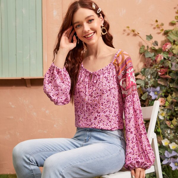 

Floral Print Tie Neck Blouse, Pink