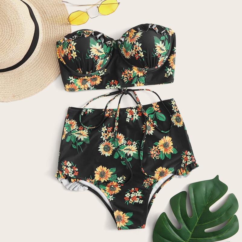 

Sunflower Frill Underwire High Waist Bikini Swimsuit, Multicolor