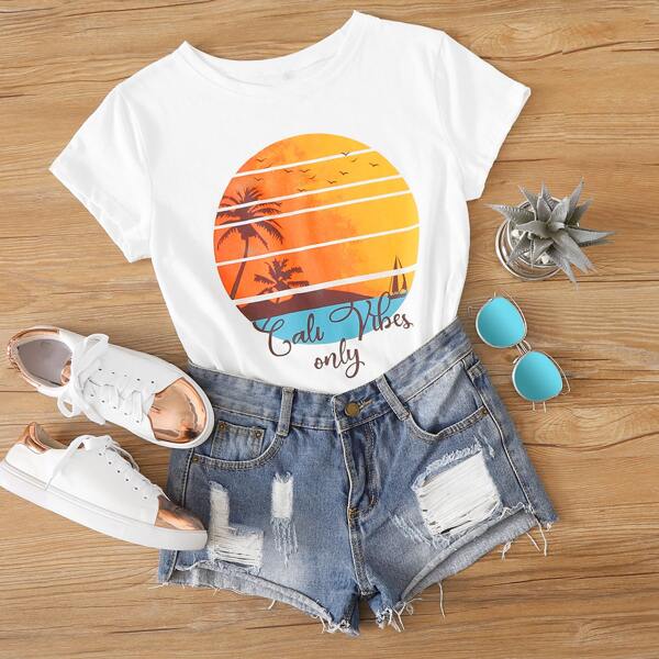 

Graphic And Letter Print Tee, White