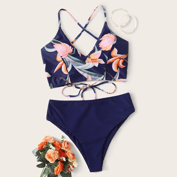 

Floral Criss Cross Tie Back Bikini Swimsuit, Multicolor