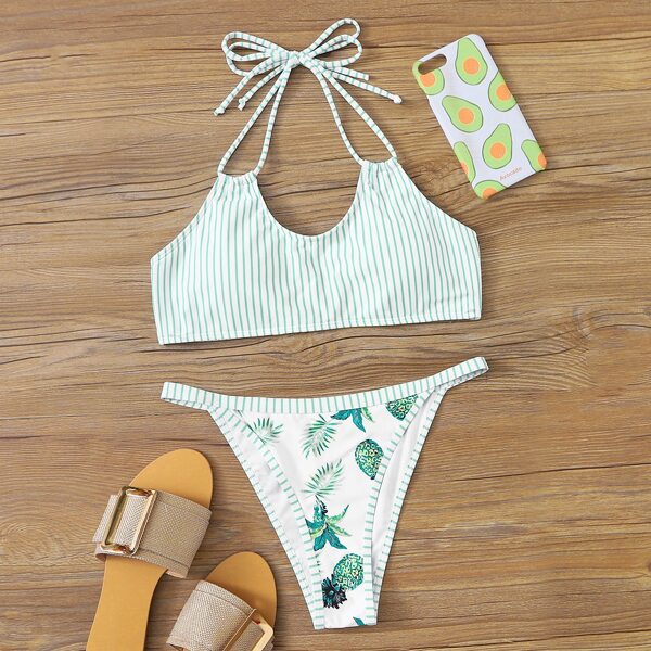 

Striped & Tropical Halter Tanga Bikini Swimsuit, Green