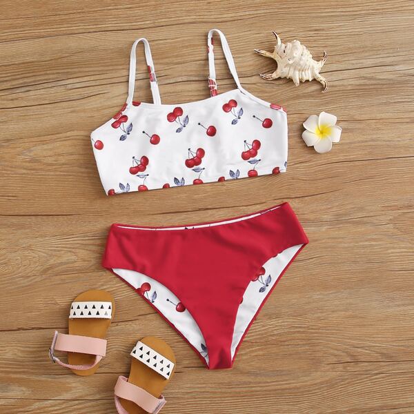 

Girls Cherry Print Bikini Swimsuit, Multicolor