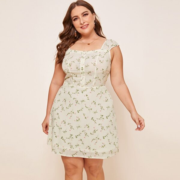 

Plus Button Front Ditsy Floral Print Dress, Beige