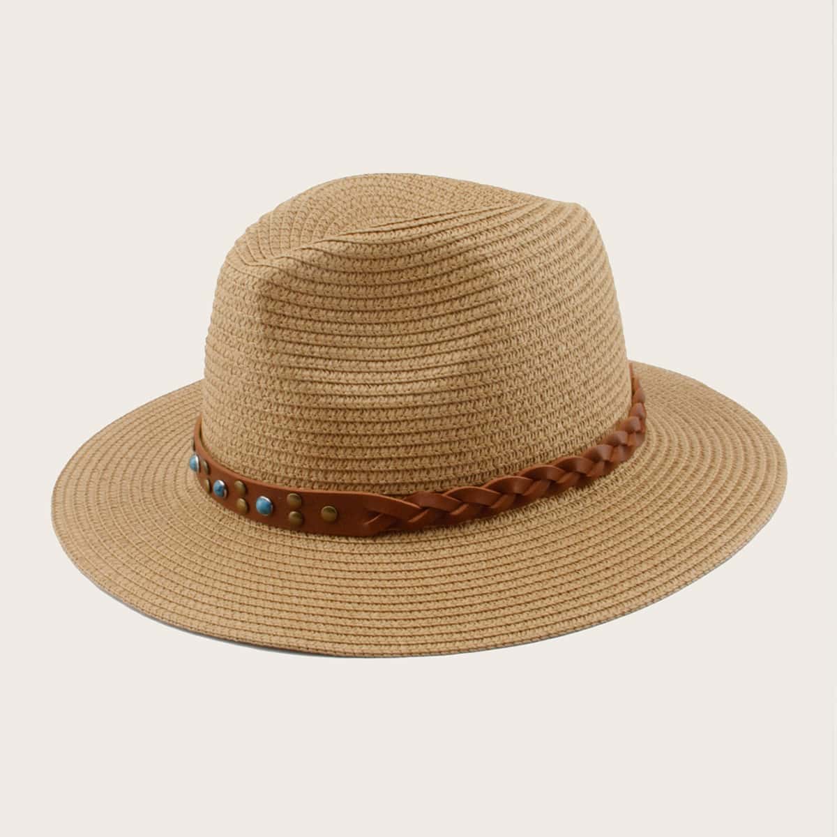 

Guys Braided Band Decor Straw Hat, Brown