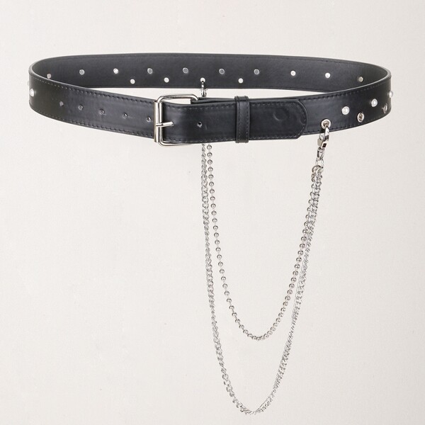 

Chain Decor Metal Buckle Belt, Black
