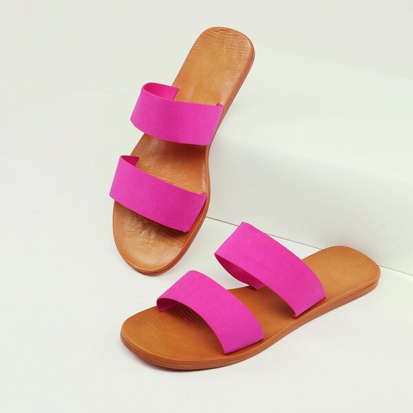 

Open Toe Twin Bands Flat Slide Sandals, Hot pink