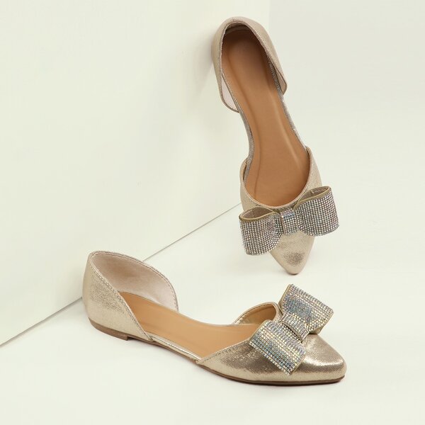 

Crystal Pave Bow Pointy Toe Side Cut Out Flats, Gold