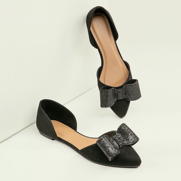 

Rhinestone Bow Pointed Toe Dorsay Ballet Flats, Black