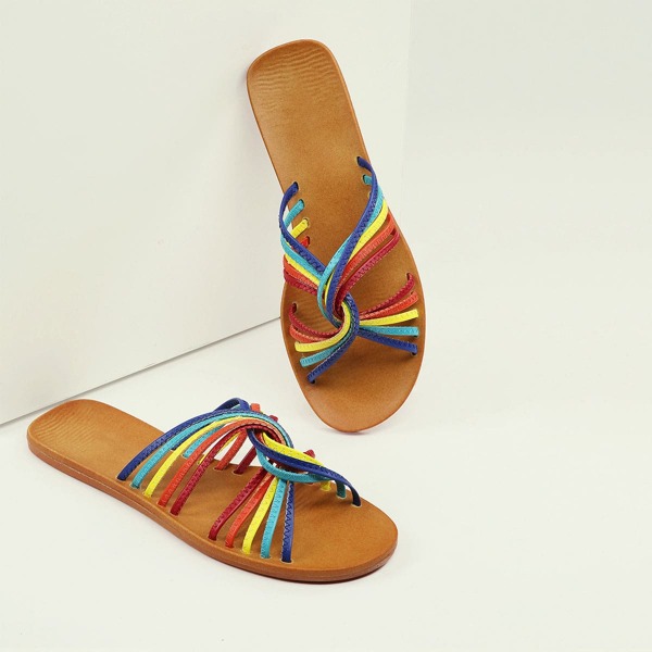 

Open Toe Multi Strap Flat Slide Sandals, Multicolor