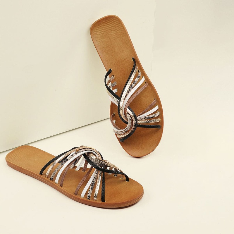 

Open Toe Multi Colored Strappy Flat Slide Sandals, Multicolor