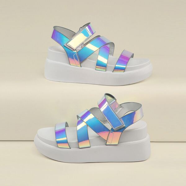 

Iridescent Velcro Straps Chunky Sole Sandals, Blue
