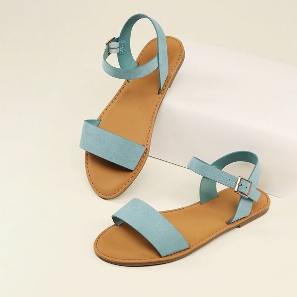 

Open Toe Ankle Strap Flat Sandals, Blue