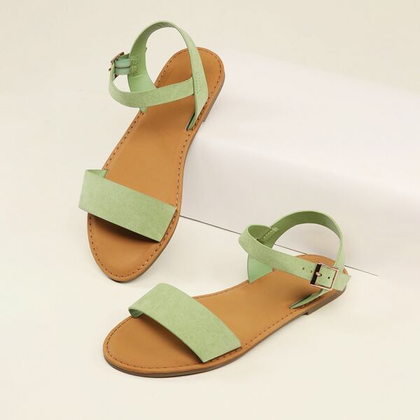 

Open Toe Ankle Strap Flat Sandals, Green