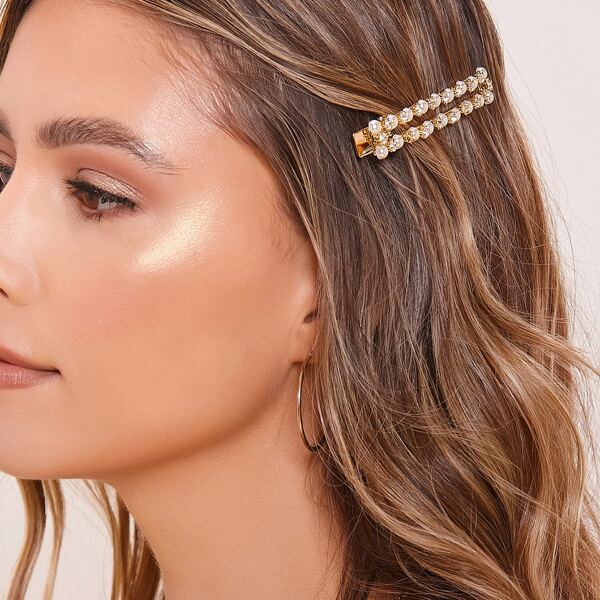 

Pearl And Rhinestone Rectangle Hair Clip, Beige