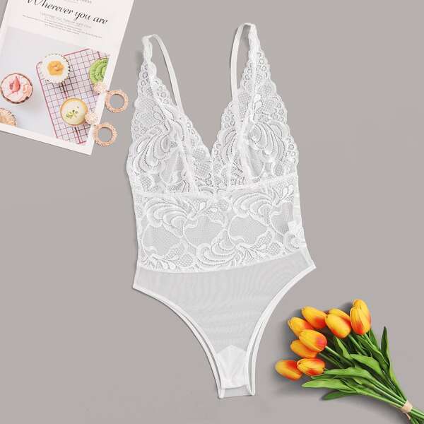 

Floral Lace Sheer Teddy Bodysuit, White