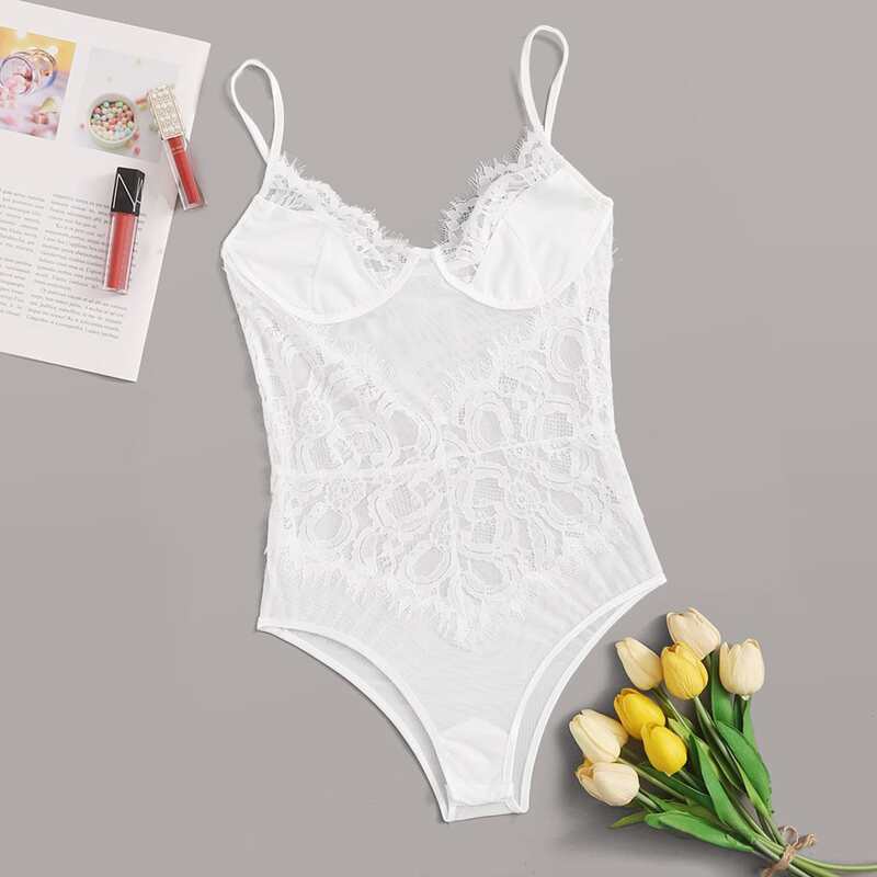 

Eyelash Floral Lace Teddy Bodysuit, White