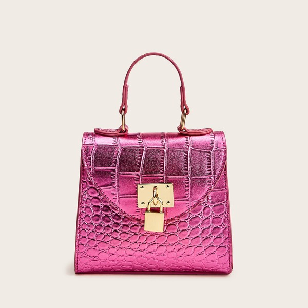 

Mini Croc Embossed Chain Satchel Bag, Pink