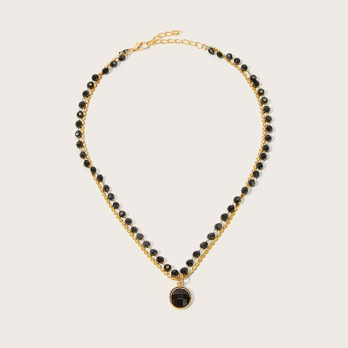 

1pc Round Charm Beaded Necklace, Black