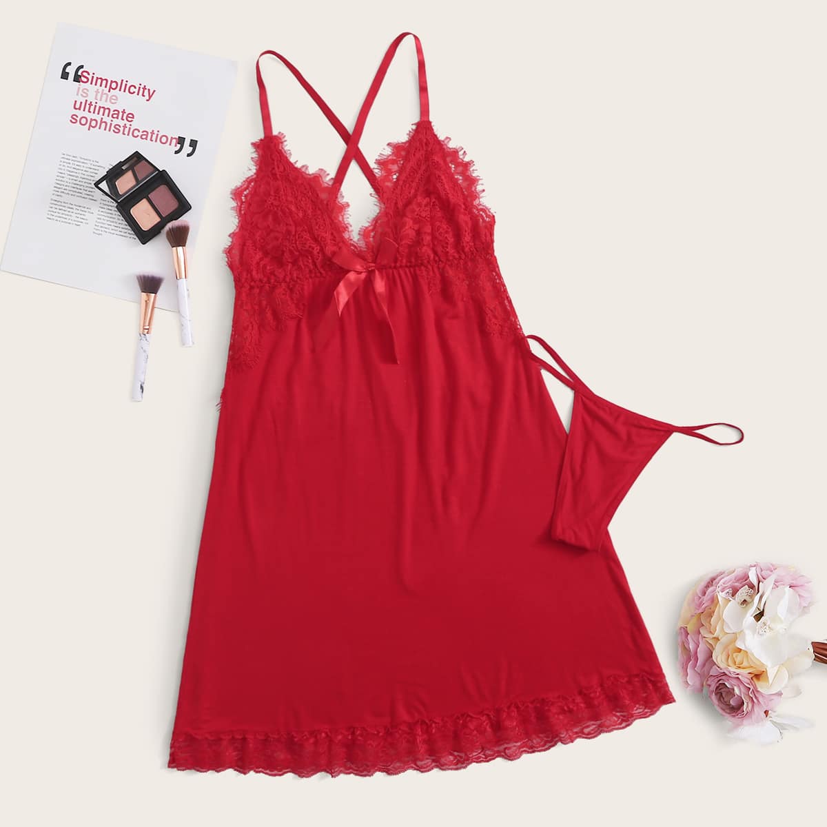 

Floral Lace Cami Dress With Thong, Red