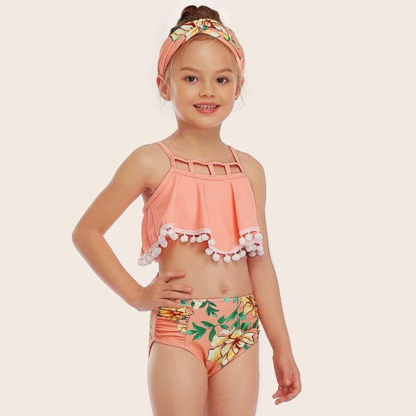 

Girls Floral Pompom Hem High Waisted Bikini Swimsuit, Pink