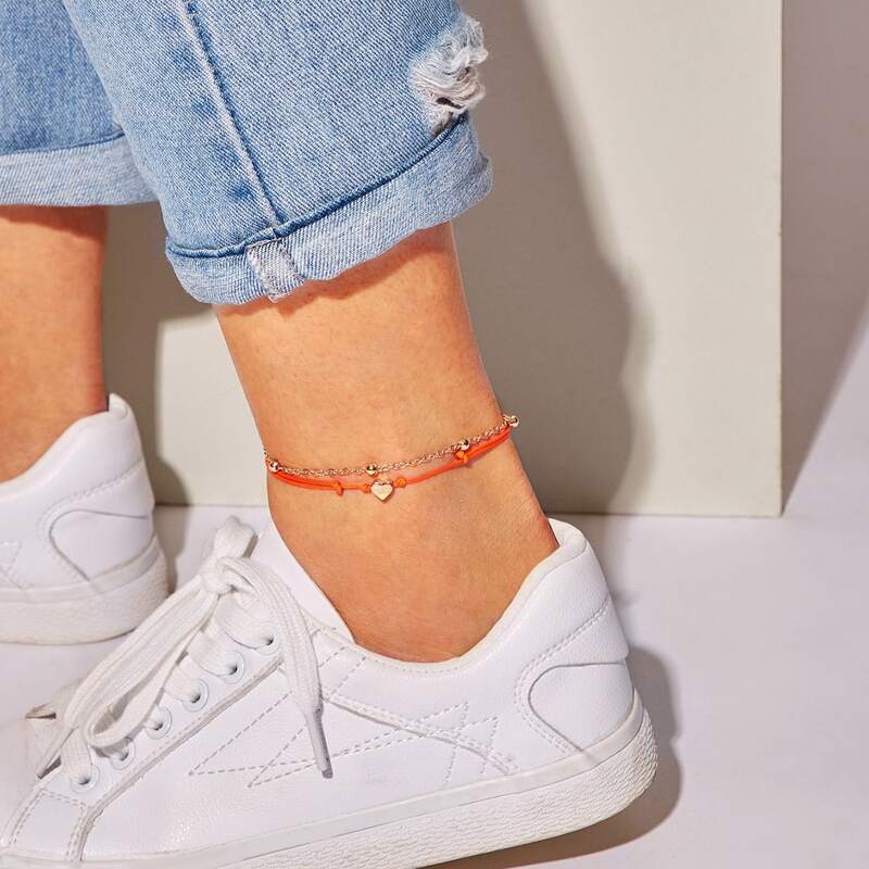 

2pcs Heart Decor Anklet, Multicolor