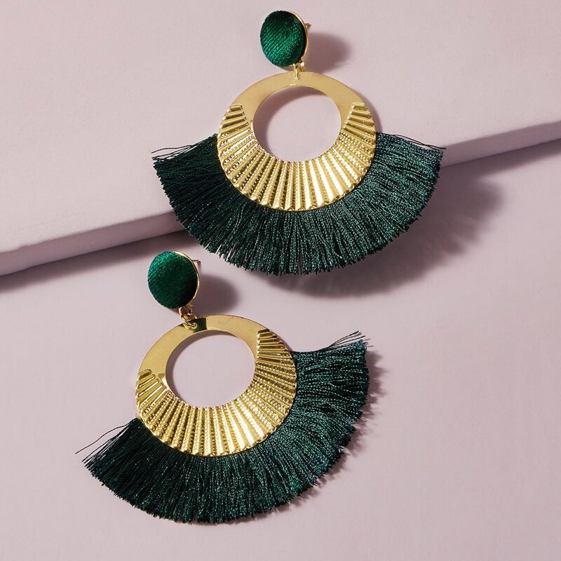 

1pair Fan Shaped Fringe Drop Earrings, Green