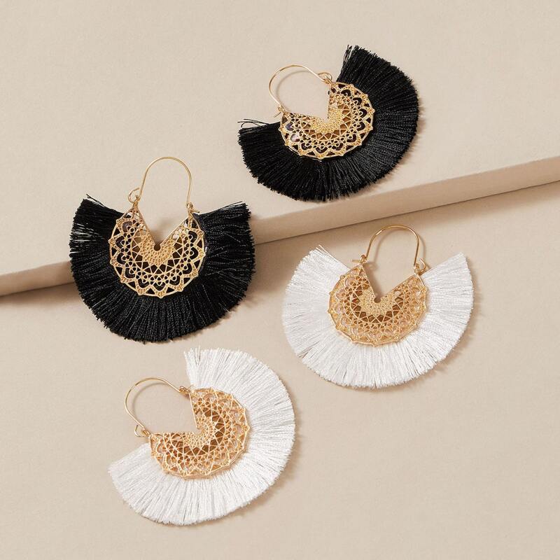 

2pairs Hollow Out Flower Pattern Fringe Drop Earrings, Multicolor