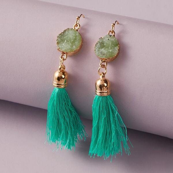 

1pair Stone Decor Tassel Drop Earrings, Green