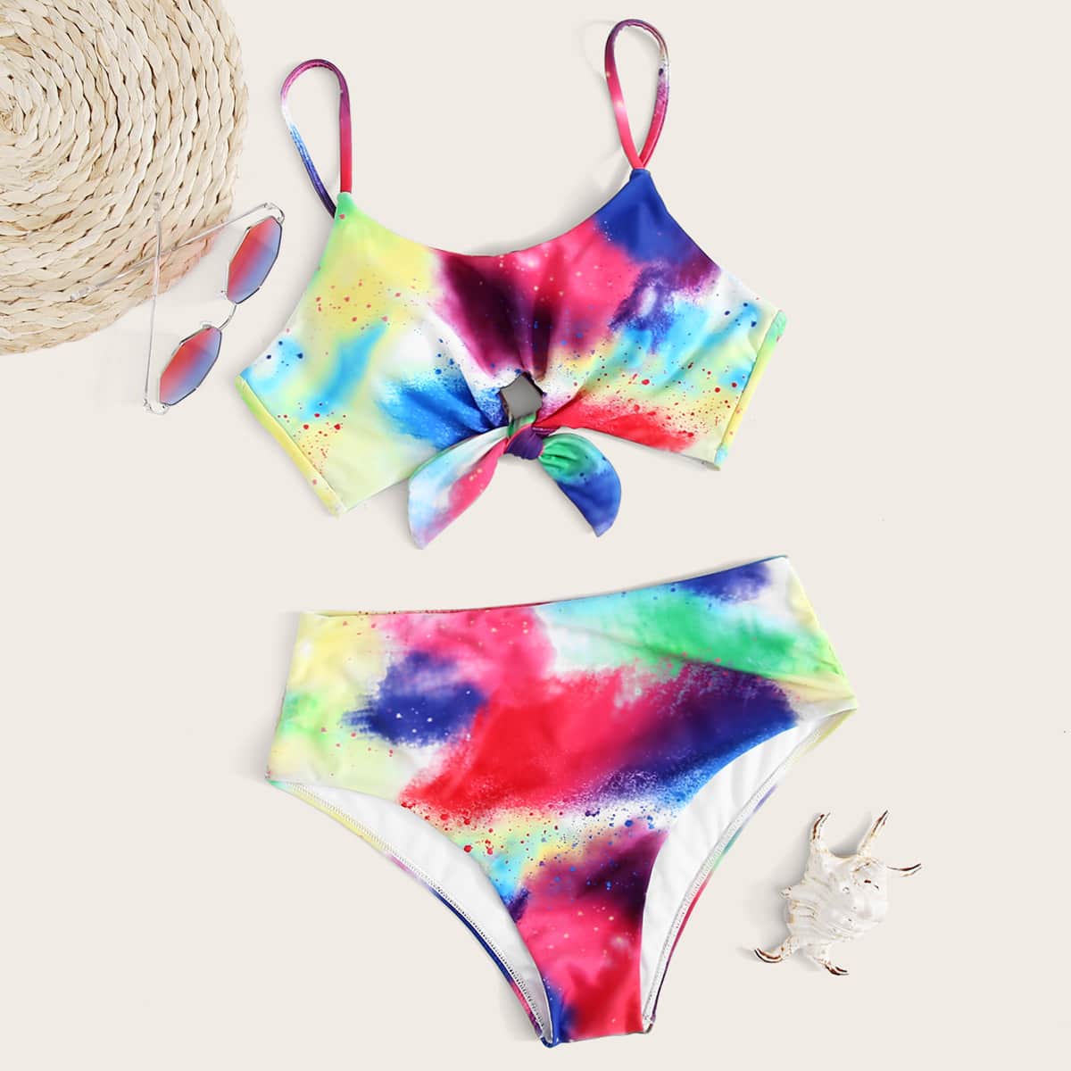 

Tie Dye Knot Front High Waisted Bikini Swimsuit, Multicolor