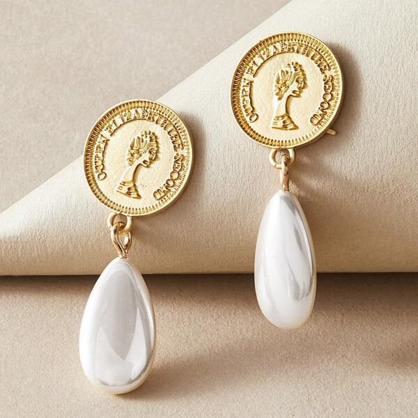 

1pair Coin Decor Faux Pearl Drop Earrings, Multicolor