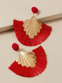 1pair Fan Shaped Fringe Drop Earrings - Red - View 1