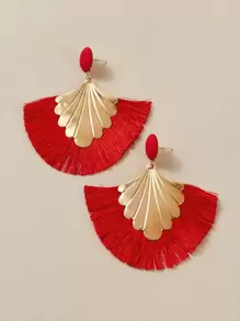 1pair Fan Shaped Fringe Drop Earrings - Red - View 2