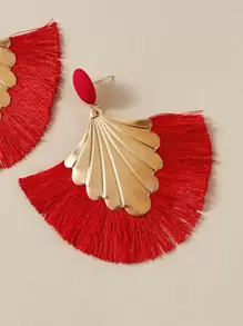 1pair Fan Shaped Fringe Drop Earrings - Red - View 3